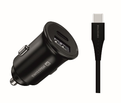 SWISSTEN CAR CHARGER FOR SAMSUNG, SUPER FAST CHARGING 25W, + USB-C/USB-C CABLE, 1.2 IN BLACK