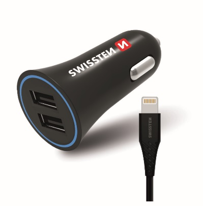 SWISSTEN CAR CHARGER 2.4A, 2x USB + LIGHTNING CABLE