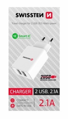 SWISSTEN KARKUES TRAVEL SMART IC, 2x USB 2,1A, BARDHË 
(SWISSTEN CDU)